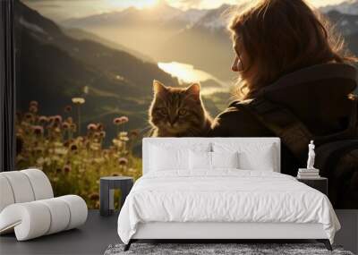 relationship picture concept picture of a woman and her cat travel together on her holiday. Wall mural