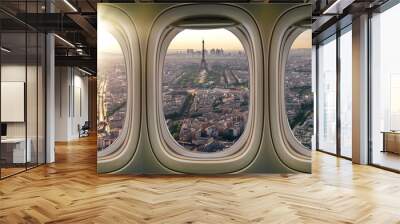 Eiffel tower view and Paris city from windows of airplane Wall mural