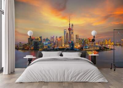 Twilight shot with the Shanghai skyline and the Huangpu river Wall mural