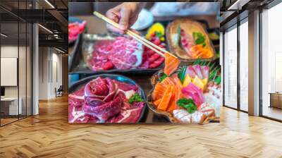 wagyu beef in plate on korean barbeque table in Japanese restaurant Wall mural