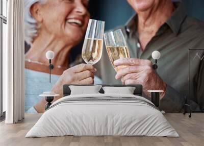 Champagne, love and senior couple toast for marriage anniversary date, partnership or retirement health. Romance, glass alcohol drinks and elderly people smile, bond and cheers at celebration event Wall mural