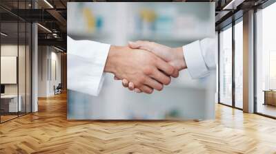 Doctor, handshake and partnership in support at pharmacy for healthcare success, promotion or deal at clinic. Medical expert shaking hands in teamwork for life insurance, b2b or pharmaceutical needs Wall mural