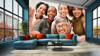 Selfie, office or portrait of women taking a picture together for teamwork on workplace break. Fashion designers, faces or excited group of happy employees in a photograph for a social media memory Wall mural