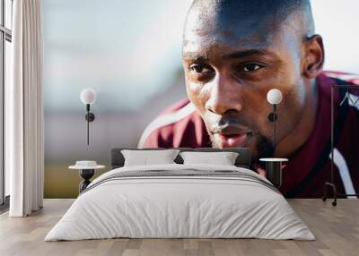 Tired, breathing and black man in sports training, competition or game focus on rugby field, blue sky mockup. Breathe, sweating and athlete or person thinking of workout, exercise or fitness strategy Wall mural