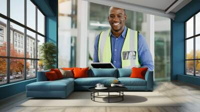 Black man, architect and tablet with reflector, real estate development and property design or career. Portrait, architecture and engineering professional in office, confident and project management Wall mural