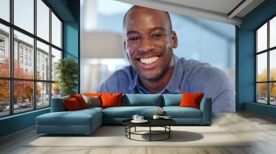 Black man, portrait and manager with smile at desk in office for with pride, confidence and success in entrepreneurship. Businessman, face and happiness for professional or corporate career in Kenya Wall mural