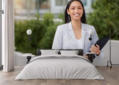 Business, corporate and finance woman worker with a happy smile outdoor on a work break. Portrait of a young financial lawyer employee with a contract feeling motivation and happiness from career Wall mural