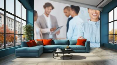 Business woman, corporate worker and portrait smile of new job opportunity in startup company. Happy young employee, arms crossed or pride of vision, success and motivation in professional law office Wall mural