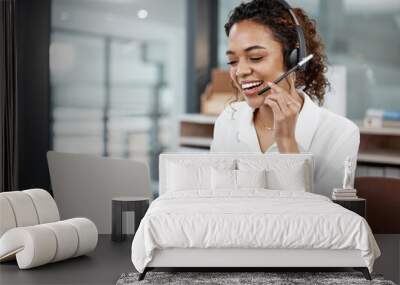 Call center, telemarketing and woman with a smile, help and advice with customer service, laptop or talking. Female person, consultant or agent with a headset, tech support or consulting in an office Wall mural