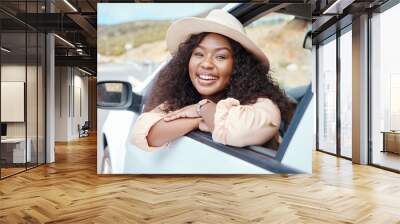 Car, window and road trip portrait of black woman relax on Australia countryside journey for holiday vacation or outdoor adventure. Street transportation freedom, travel SUV van or happy face of girl Wall mural