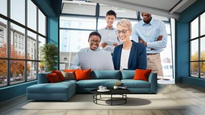 Diversity, strategy and digital marketing team in a meeting about planning, communication and innovation. Teamwork, coaching and happy business people working together on a group project in a office Wall mural