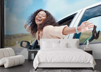 Freedom, travel and black woman in window of car for summer, relax and happy in road of countryside adventure. Journey, holiday and transportation with girl passenger on outdoor vacation road trip Wall mural