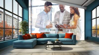 Futuristic, tablet working overlay and business people with a tech screen hologram looking at digital data. Future technology, iot and cloud computing of employee group planning a ux office strategy Wall mural