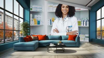 Healthcare, smile and portrait of woman in pharmacy, and happy to help with advice on prescription drugs. Confidence, medicine and medical professional or pharmacist for health and wellness. Wall mural