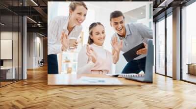 Laptop webinar, video conference and waving team for workshop training, business meeting or global zoom in office. Happy, smile or motivation from greeting people on technology tradeshow presentation Wall mural