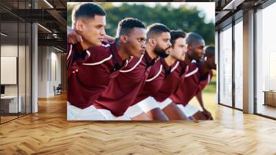 Man, huddle and team scrum for sports coordination, collaboration or serious on the grass field. Group of sport men in fitness training, planning or strategy getting ready for game, match or start Wall mural