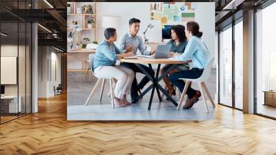 Meeting, teamwork and strategy with a team of business people sitting in the boardroom for planning. Training, collaboration and workshop with an employee group sitting around a table at work Wall mural