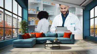 Pharmacy, happy man pharmacist and tablet product management, medicine stock research or online inventory. Digital tech, telehealth service and retail logistics of medical doctor or people in shop Wall mural