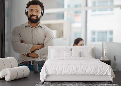 Call center, pride and businessman consulting, working and talking at a telemarketing company. Portrait of customer service employee and manager with arms crossed while giving support with a headset Wall mural