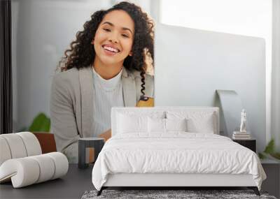 Computer, phone and portrait of insurance agent or business woman on social media, internet or web in a startup. Happy, online and employee or entrepreneur working on agency project in office Wall mural