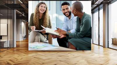 Happy business people smile during a planning meeting in a startup marketing agency office. Diversity, collaboration and teamwork in a healthy work environment in an international advertising company Wall mural