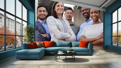 Your dream team. Portrait of a group of businesspeople enjoying a break outside at the office. Wall mural