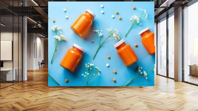 Four orange medicine bottles with white pills and yellow capsules on a blue background, surrounded by delicate white daisies, symbolizing health, well-being and natural medicine.' Wall mural