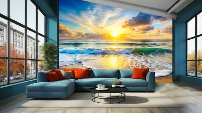 sunset over the sea Summer landscape of blue ocean waves bird's eye view, beautiful summer desktop background, blue clean ocean and sand beach Wall mural