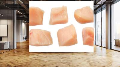 Raw chicken fillet pieces, top view, isolated. Collection of raw diced chicken breasts on white. Chicken meat cubes set. Chicken fillet isolated on white background cubes. Wall mural