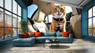 Cat in car with safety belt. Safe transport of animals Wall mural