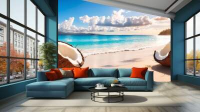 Coconut on exotic sand beach over sea landscape. Wall mural