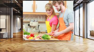 Couple preparing fresh vegetables food salad Wall mural