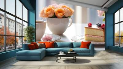 Delicious dessert cake and coffee cup on table. Light from window. Wall mural