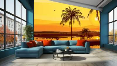 Vector travel banner with tropical landscape at sunset or sunrise. Silhouettes of palm trees against the background of the sky and the calm sea. Romantic summer illustration Wall mural