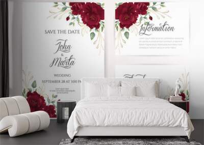 Wedding invitation set of card with red flowers rose, eucalyptus leaves. Floral Trendy templates for banner, flyer, poster, greeting. Vector illustration. eps 10 Wall mural