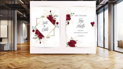 Wedding invitation set of card with red flowers rose, eucalyptus leaves. Floral Trendy templates for banner, flyer, poster, greeting. Vector illustration. eps 10 Wall mural