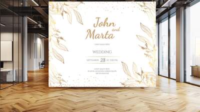 Wedding Invitation with Gold Flowers. background with geometric golden frame. Cover design with an ornament of golden leaves.Trendy templates for banner, flyer, poster, greeting. eps8 Wall mural