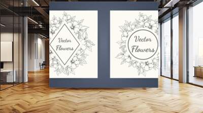 wedding invitation with summer flowers. Black and white vector illustration. floral black line art ink drawing with geometric frame. eps 10. Wall mural