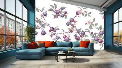 Branch with plums, flowers and leaves. Summer and harvest. Isolated watercolor illustration pattern on white background. Wall mural