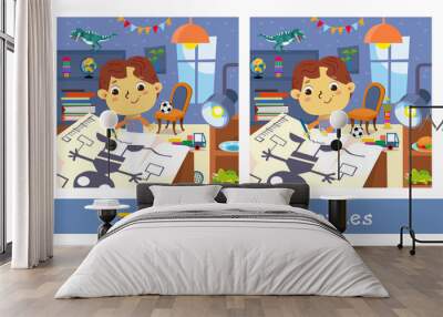 Find 7 differences. Game for children. Cute boy draws models of robot. Hand drawn full color illustration. Vector flat cartoon picture. Wall mural