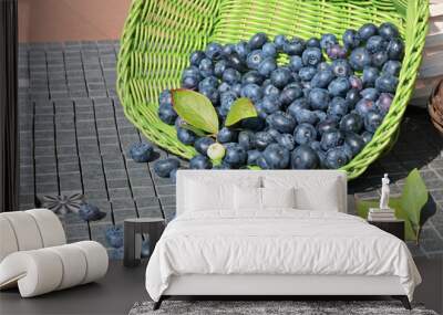 Fresh blueberries in basket in background. Summer and harvest. Useful nutrition, vitamins and food.  Wall mural