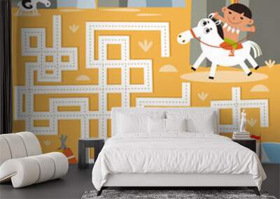 Help horseman get to village. Draw every path. Maze game, activity for kids. Vector illustration. Wall mural