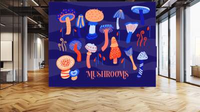 Mushrooms set of vector illustrations isolated on background. Decorative stylized minimalistic plant in bright neon colors. Ingredients for witch potion. Cartoon style. Wall mural