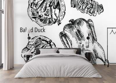 Peking, Christmas, baked duck, cut in half, sliced, on a board, graphic drawing, sketch. Vector illustration. Wall mural