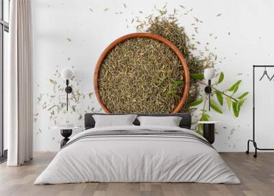 Dry thyme isolated, dried marjoram, oregano pile, ground crushed thyme seasoning, thyme leaves Wall mural