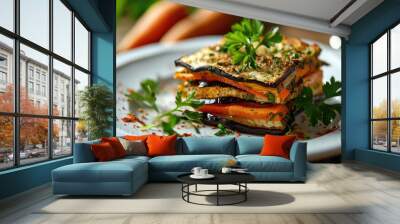 Millefeuille with Eggplants and Carrots on White Restaurant Plate, Fried Sliced Eggplant and Carrot Wall mural