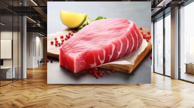 Raw tuna steak, Red sea fish fillet, fresh tuna filet, seafood sashimi, bluefin piece, akami, ahi loin Wall mural