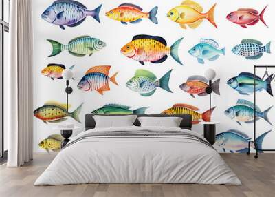 Watercolor Fishes Isolated, Sketched Fish Flock, Doodle Fish Set on White Background Wall mural