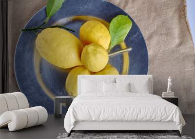 silver tray with five lemons on burlap cloth Wall mural