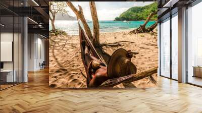 Man on vacation relaxing on a hammock at the beach at the caribbean Wall mural